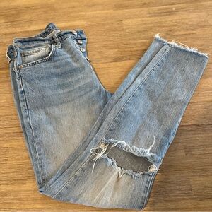 FREE PEOPLE WE THE FREE DISTRESSED, FRAYED HEM, BUTTON FLY BLUE JEANS SIZE 28